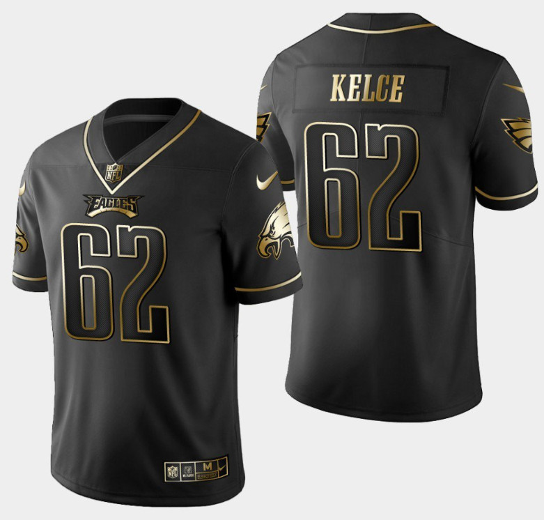 Men's Philadelphia Eagles #62 Jason Kelce Black Golden Edition Stitched Baseball Jersey - Click Image to Close